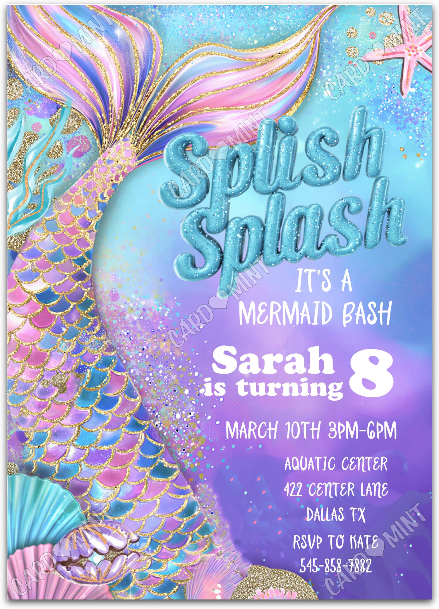 Editable Mermaid Splash Bash pink mermaid girl Fête d'Anniversaire 5"x7" Invitation EV3002