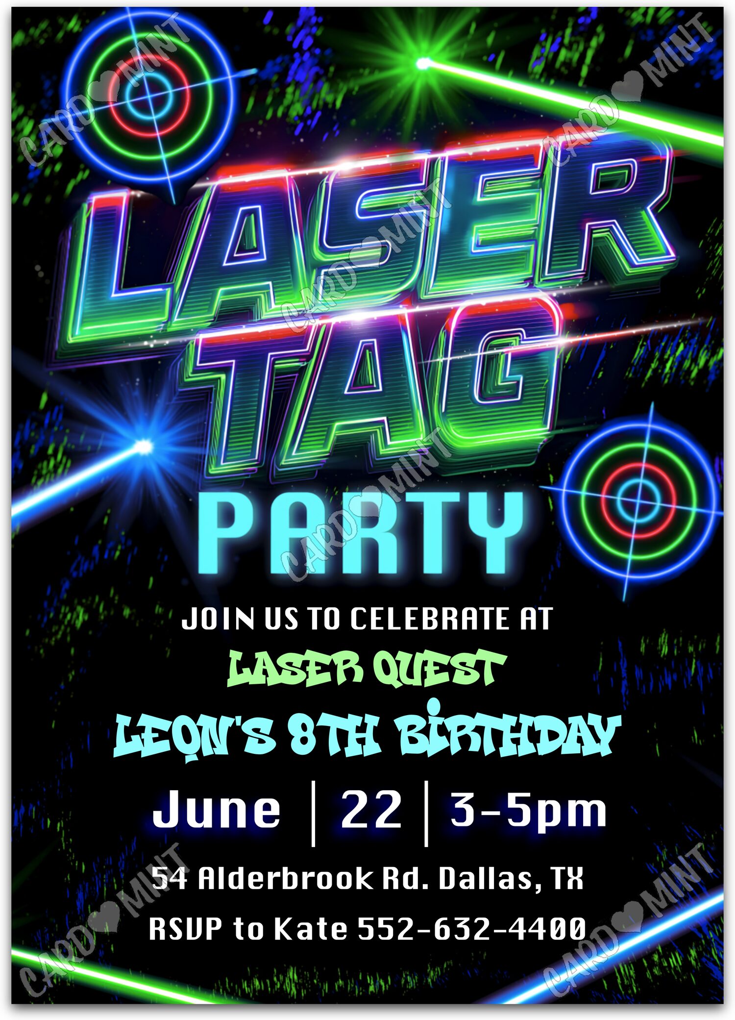 Editable Laser Tag black neon colors boy Fête d'Anniversaire 5"x7" Invitation EV3005