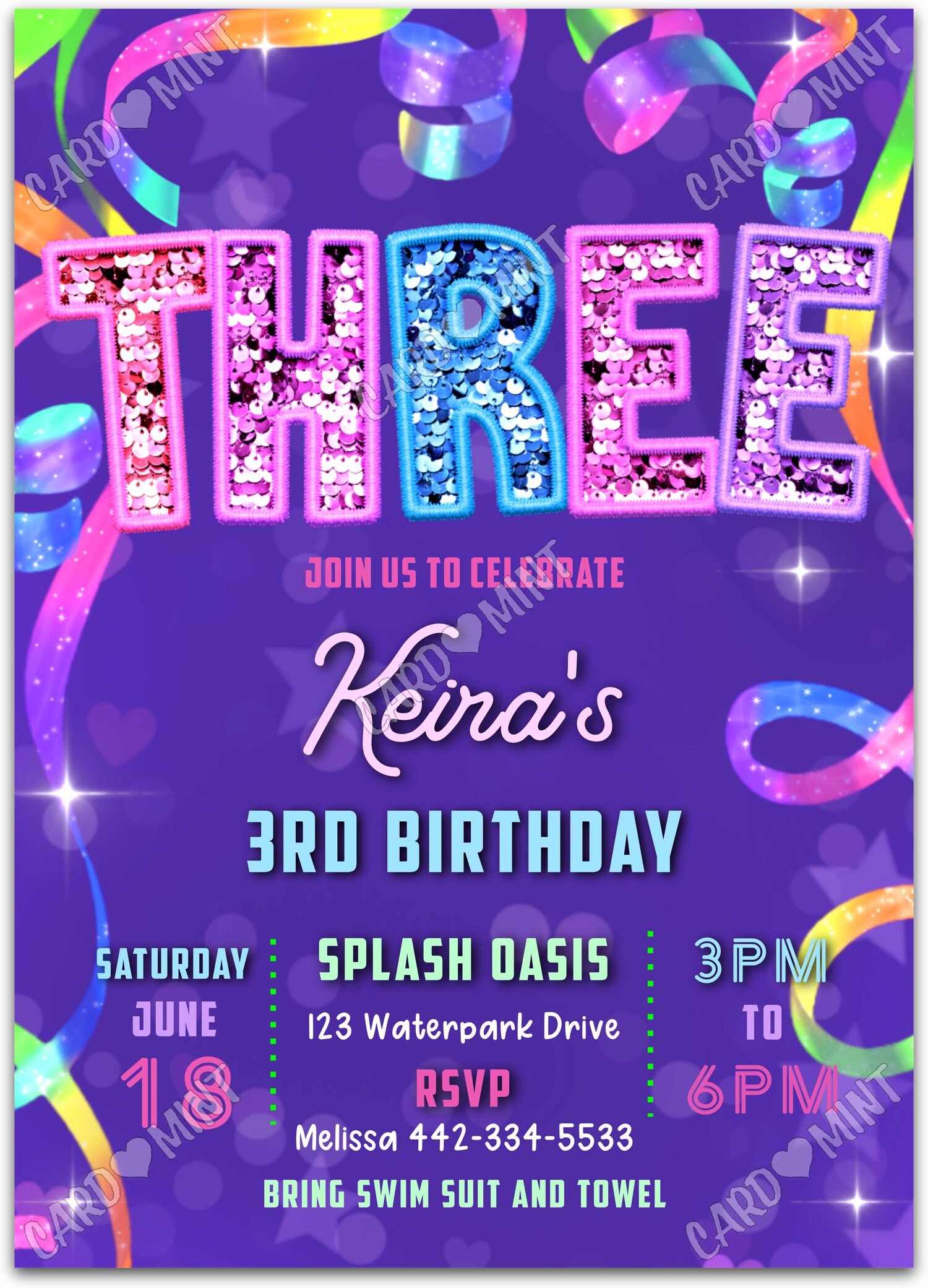 Editable Turning Three purple glitter sequins & confetti pattern girl Birthday Party 5"x7" Invitation EV3008