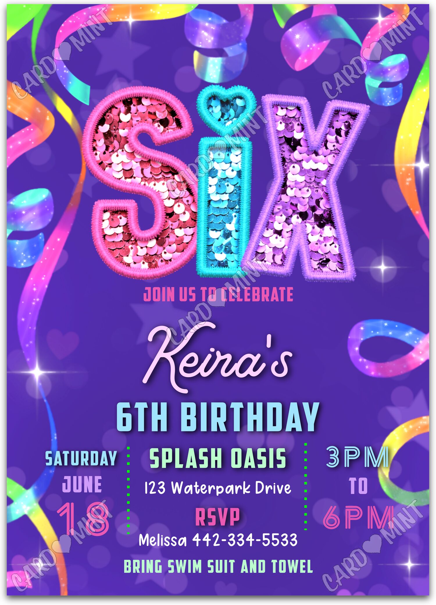 Editable Turning Six purple glitter sequins & confetti pattern girl Birthday Party 5"x7" Invitation EV3009