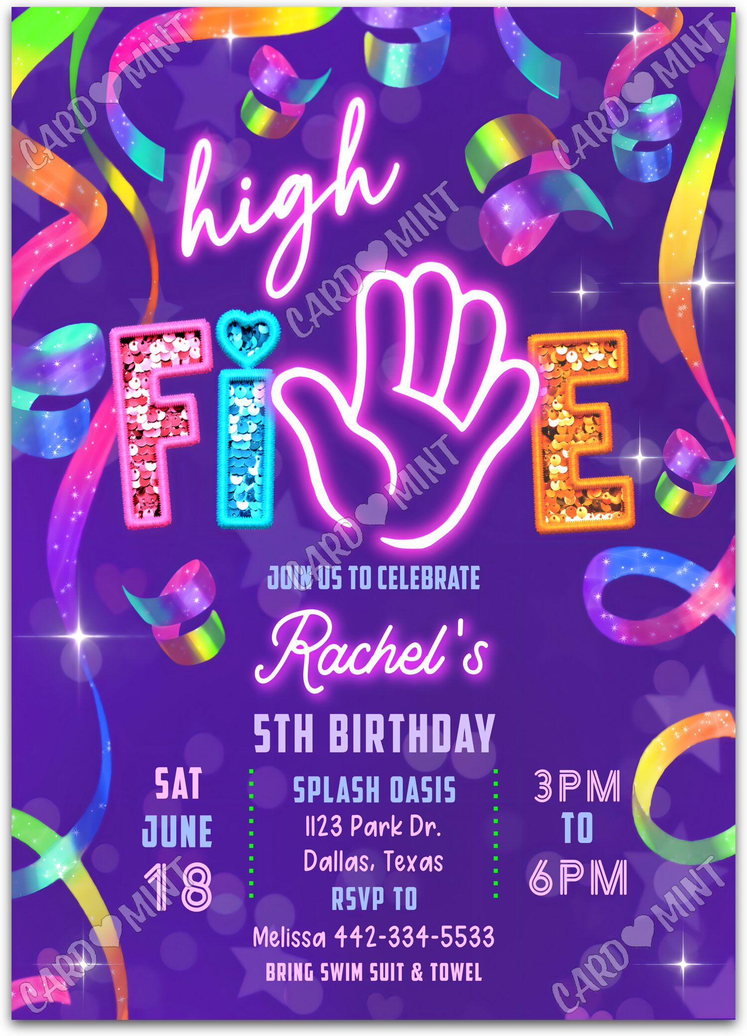 Editable High Five pink glitter sequins, purple, aqua girl Birthday Party 5"x7" Invitation EV3016