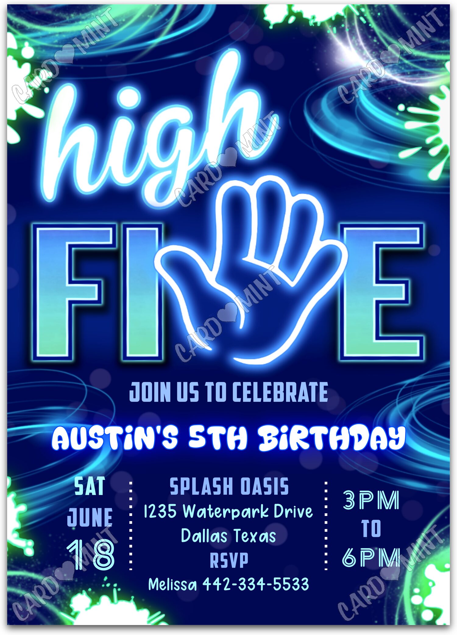 Editable High Five blue neon green, navy & boy Birthday Party 5"x7" Invitation EV3017