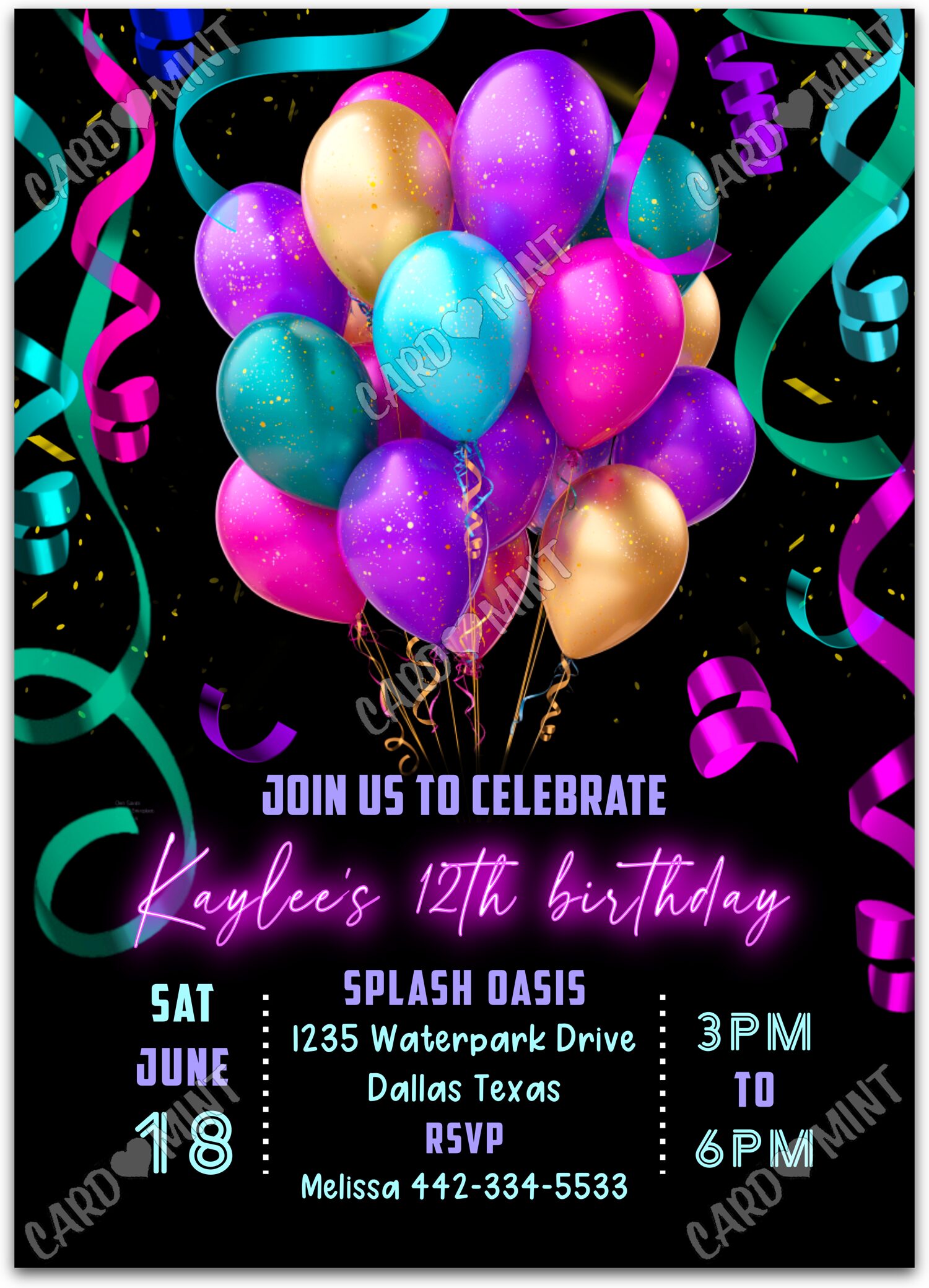 Editable Birthday Celebration neon confetti & balloons girl Birthday Party 5"x7" Invitation EV3019