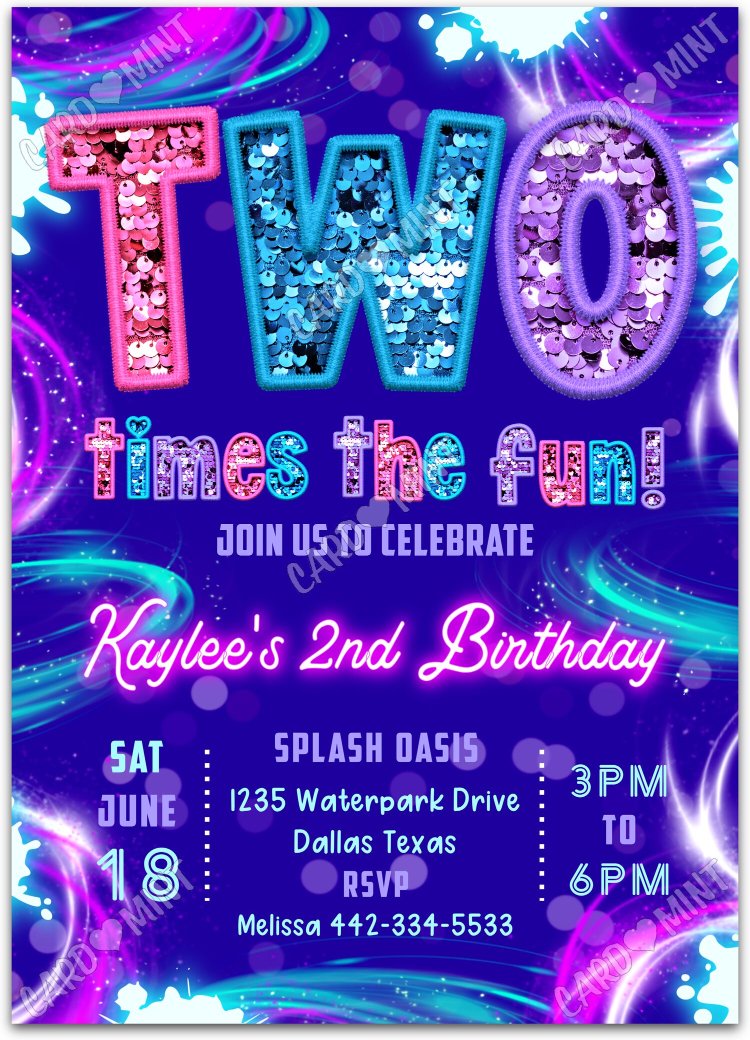 Editable Two Times The Fun purple glitter sequins in pink, aqua and 2nd Birthday Party 5"x7" Invitation EV3021