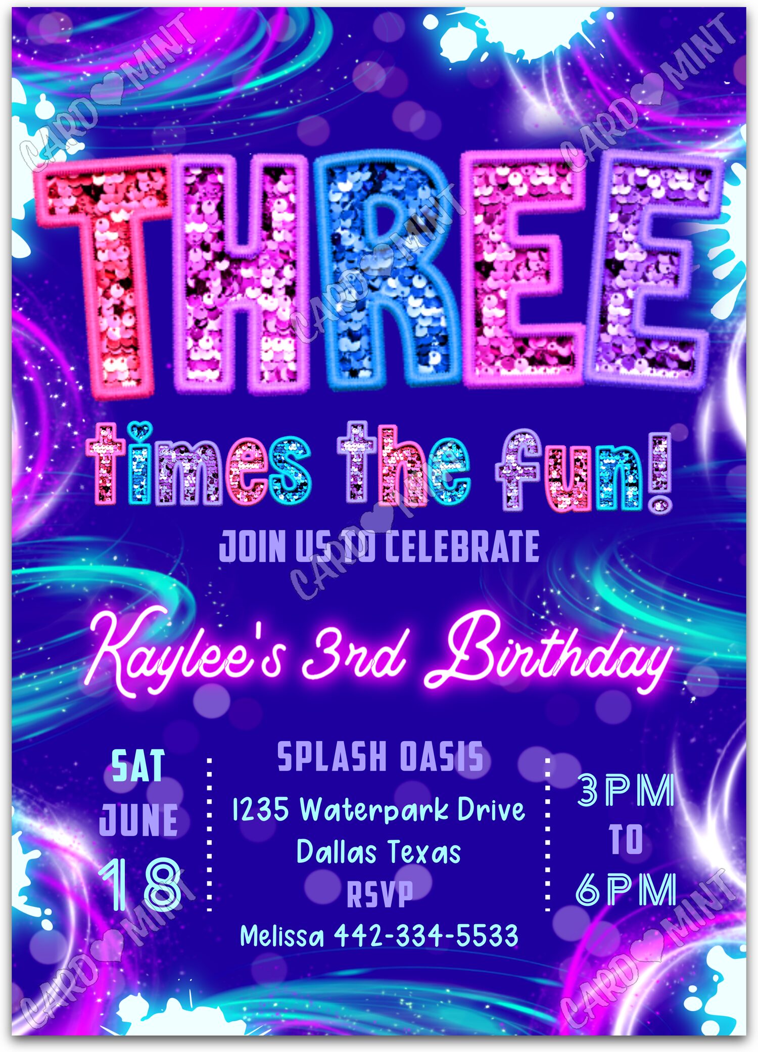 Editable Three Times The Fun purple glitter sequins in pink, aqua and 3rd Birthday Party 5"x7" Invitation EV3022